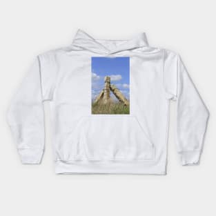 Kansas Limestone Corner Post with Prairie grass and blue sky and white cloud's. Kids Hoodie